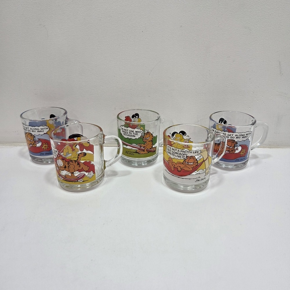 Vintage GARFIELD Glass Coffee Mug McDonald's Set Of 5 Jim Davis W/Odie